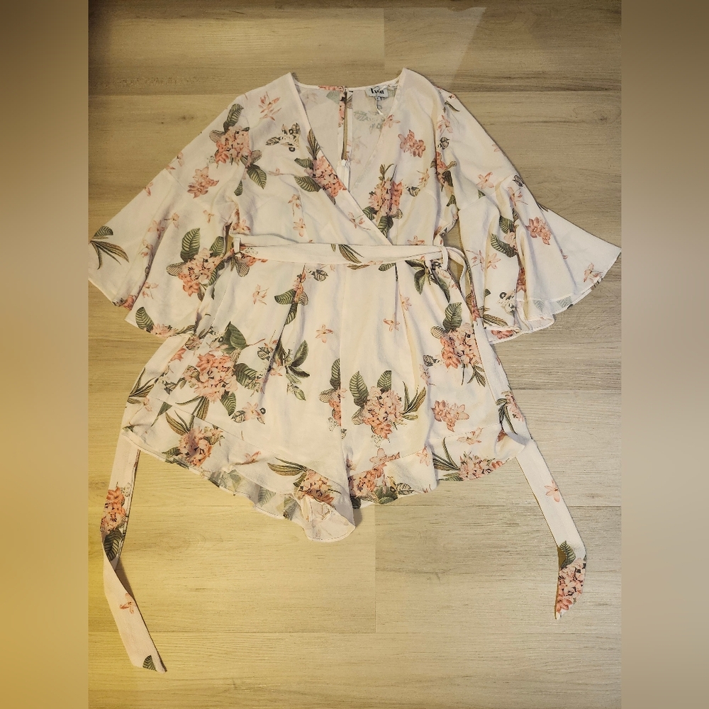 Floral Bell Sleeve Romper in Cream and Pink
